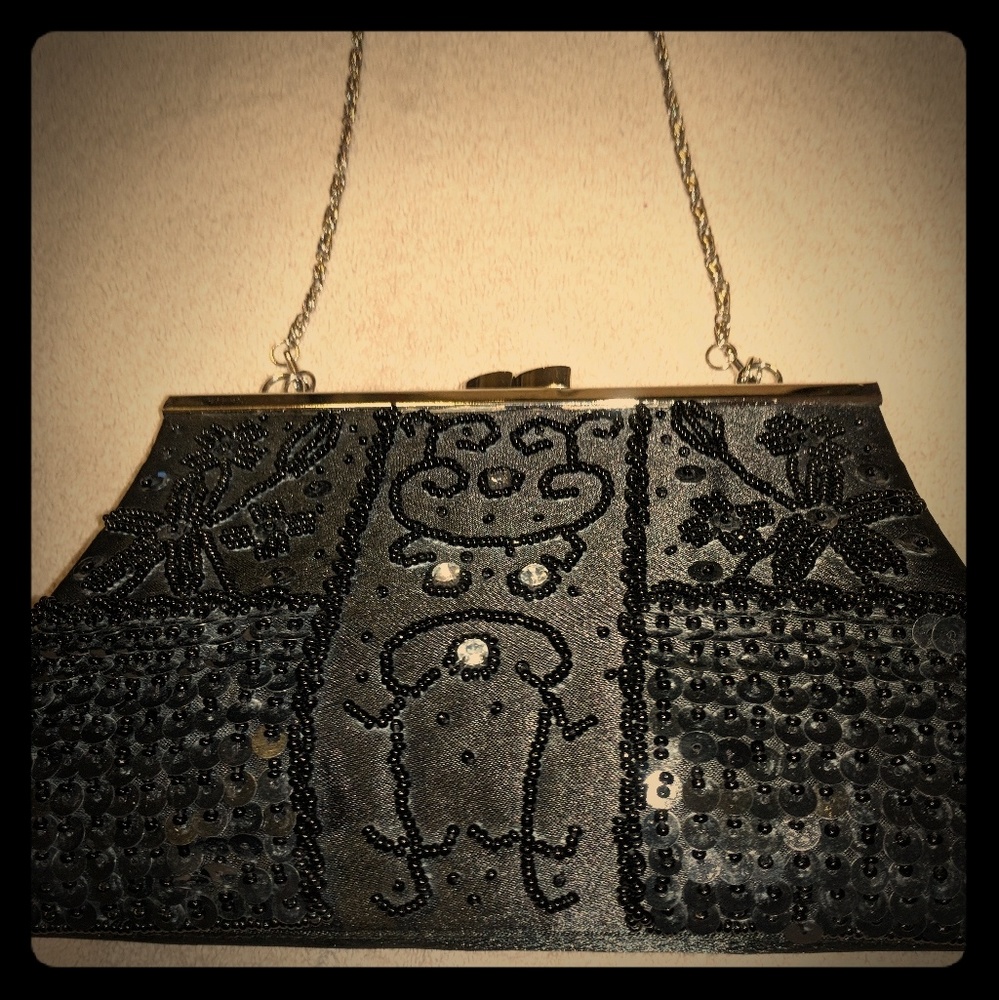 Black evening clutch w/ silver chain